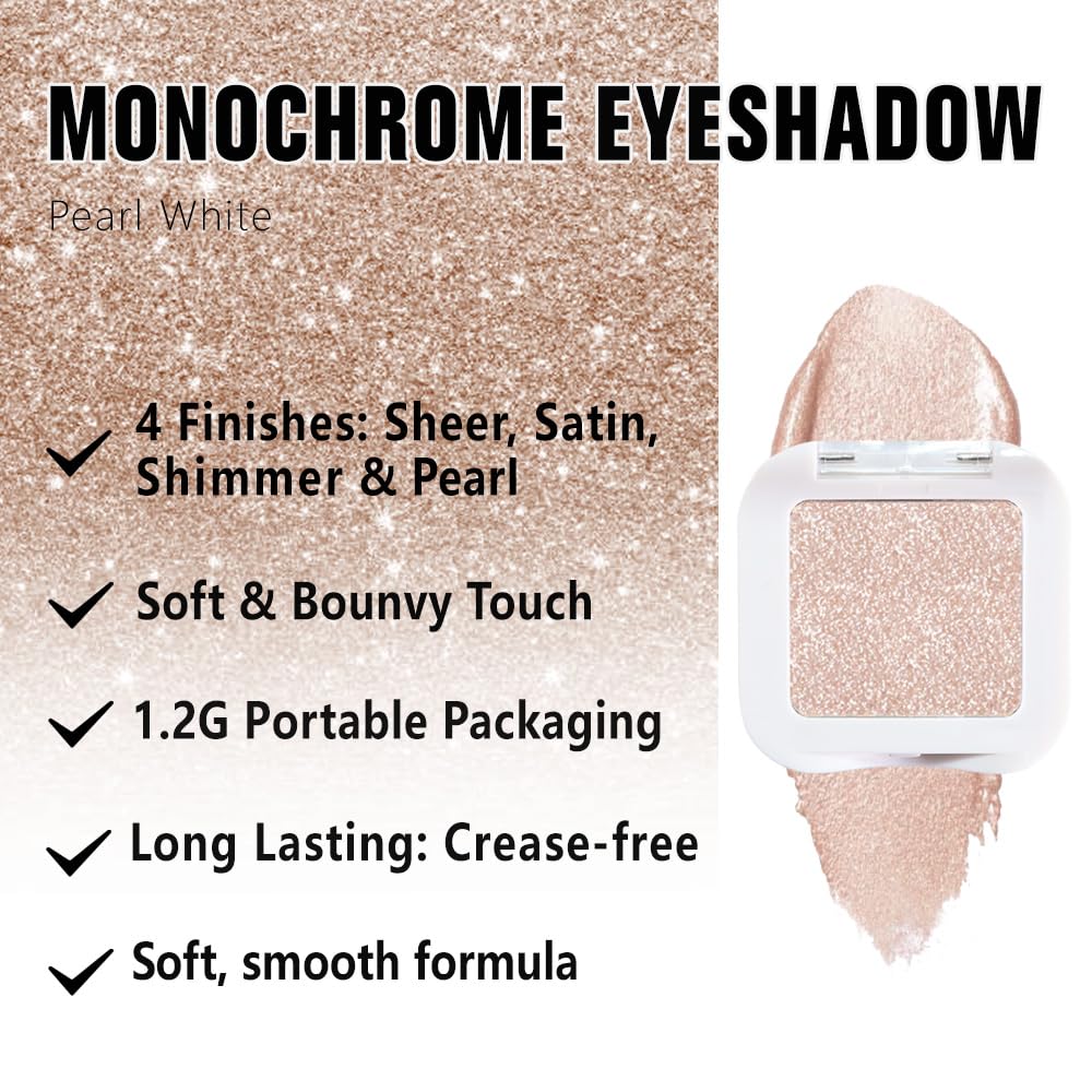 Glitter Singe Eye Shadow Palette Makeup, Pearl White Glitter Monochrome Eyeshadow For Old Women, Mini Pressed Pigmented Waterproof Sombras Para Ojos, Vegan, Talc, Paraben & Cruelty Free, 12