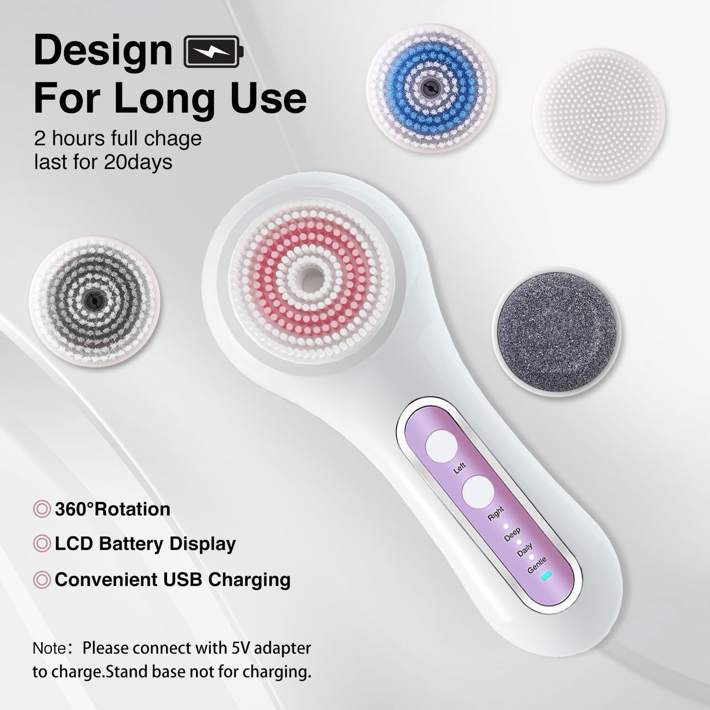 Face Scrubber Exfoliator,Facial Cleansing Brush Rechargeable IPX7 Waterproof with 5 Brush Heads,Electric Face Spin Brush for Exfoliating, Massaging and Deep Cleansing