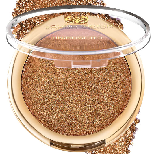 YOUNG VISION Pressed Powder Highlighter, Baked Natural Glow Contour Powder & Face Highlighter, Cruelty Free, Shimmer Highlighting Makeup for Face, Eye, Eyeshadow, Body, Skin (Brown) | alldaygood beauty