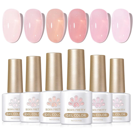 Born Pretty Jelly Pink Gel Nail Polish Nude Pink Sheer Translucent Gel Polish Milky Natural Gel Polish Set Nail Art Manicure DIY Kit Home Salon 6PCS | alldaygood beauty