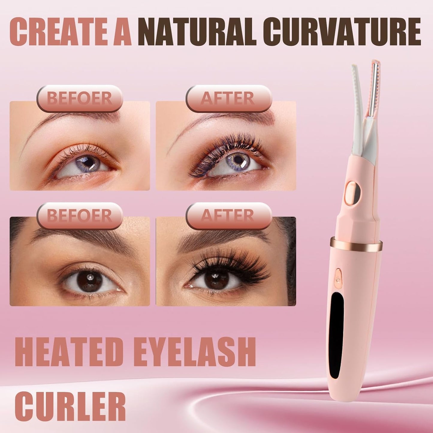 Heated Eyelash Curlers - 2 in 1 Clip- Type Heated lash Curler Best Seller Electric Eyelash Curler LED Display 3 Temp Settings for Makeup Tools USB Rechargeable Natural Curling 24H Long Lasting-Pk C1A
