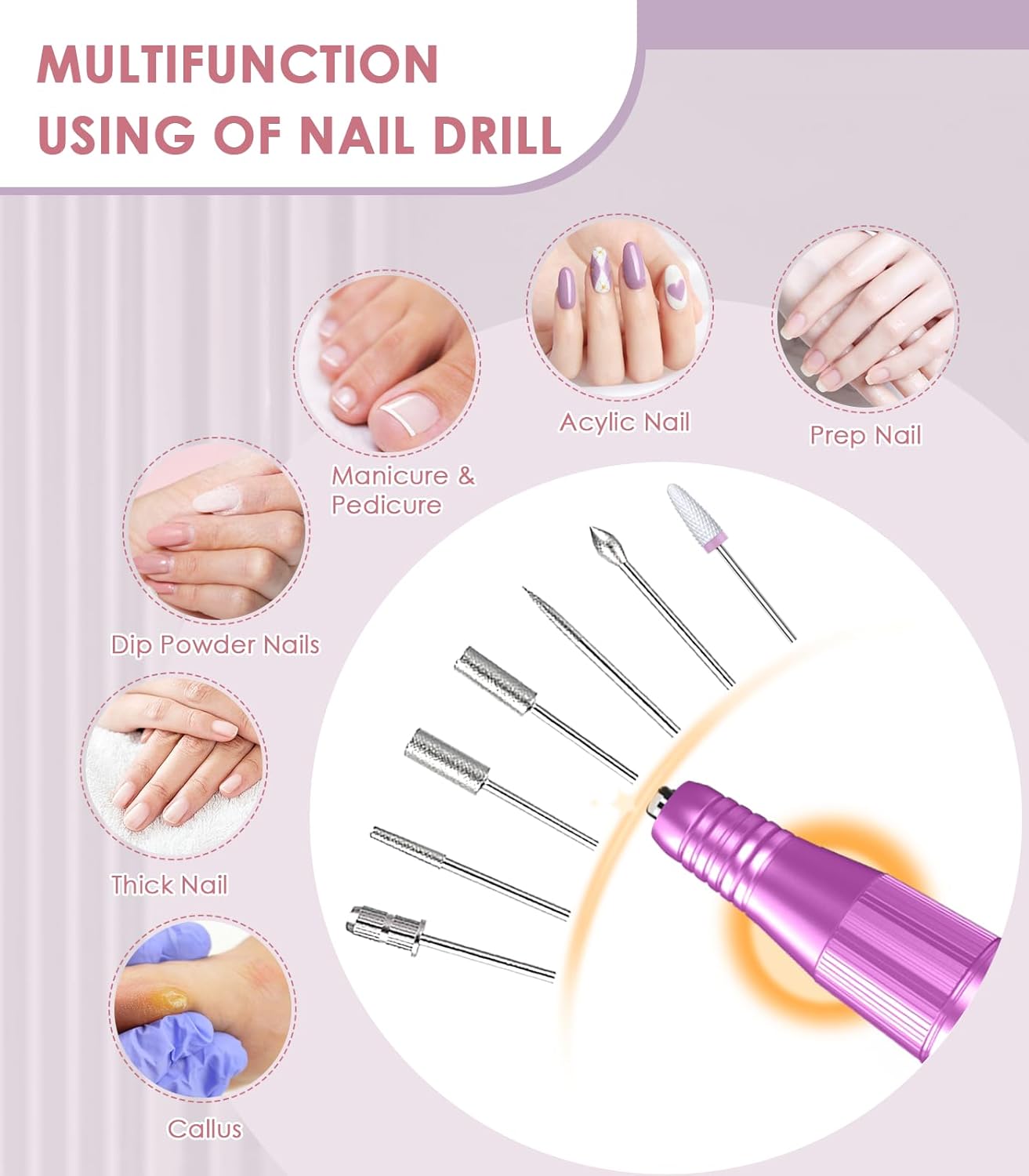 Professional Nail Drill Electric File: 40000RPM Portable Nail File Machine, Rechargeable Cordless Nail E-File with Bits & Base for Acrylic Nails Remove Nail Gel Polish Manicure for Salon Home, Purple
