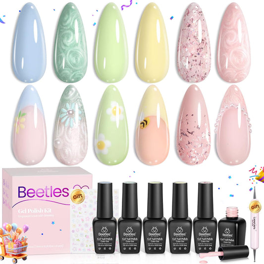 Beetles Pastel Gel Nail Polish - Spring Scenery By the Lake Gel Polish, 6 Colors Pink Green Yellow Drawing Swirl Shell Thread Effect Nails DIY Manicure Gifts for Women | alldaygood beauty