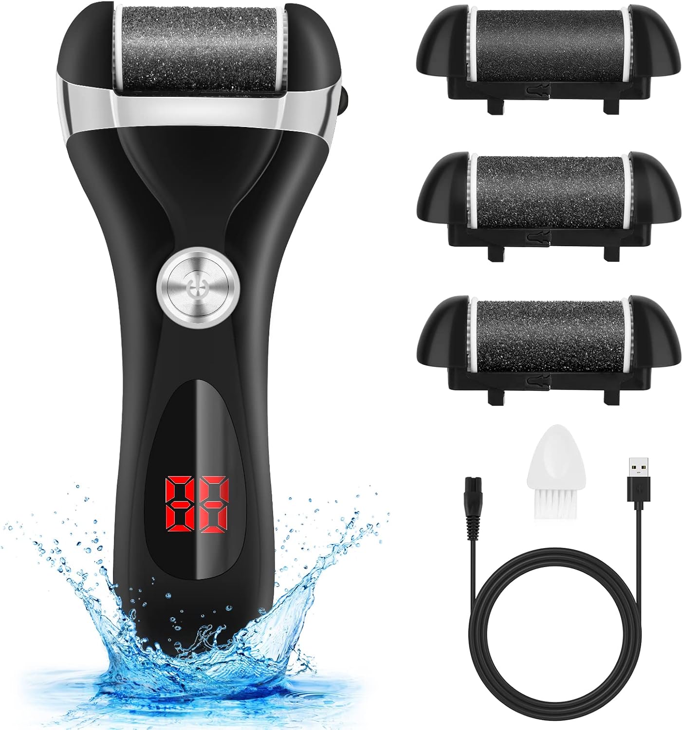 Electric Foot Callus Remover Kit, Elmchee Rechargeable Pedicure Tools Foot Care Feet File with 3 Roller Heads,2 Speed,Battery Display for Remove Cracked Heels Calluses and Dead Skin(Black)