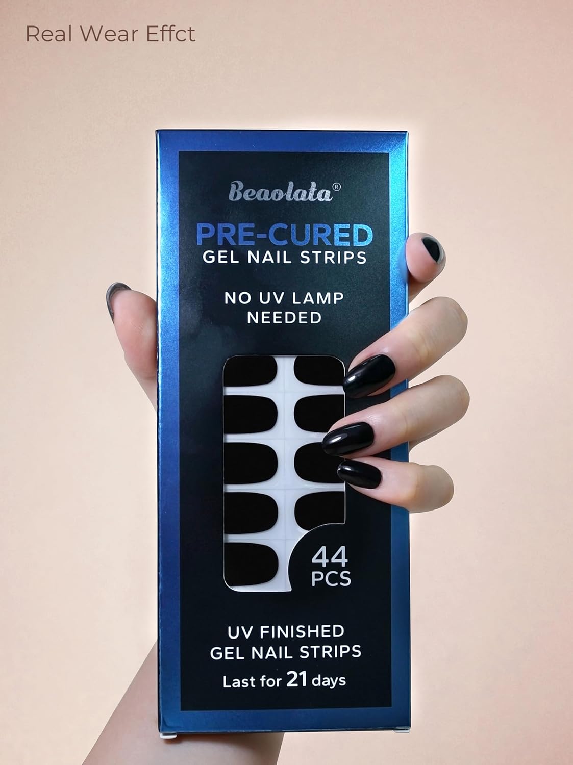 Pre Cured Gel Nail Strips - 44PCS Salon Quality Gel Nail Stickers - Long Lasting Polish Wraps for Women no UV Light Needed Easy Apply& Remove (Obsidian Black)