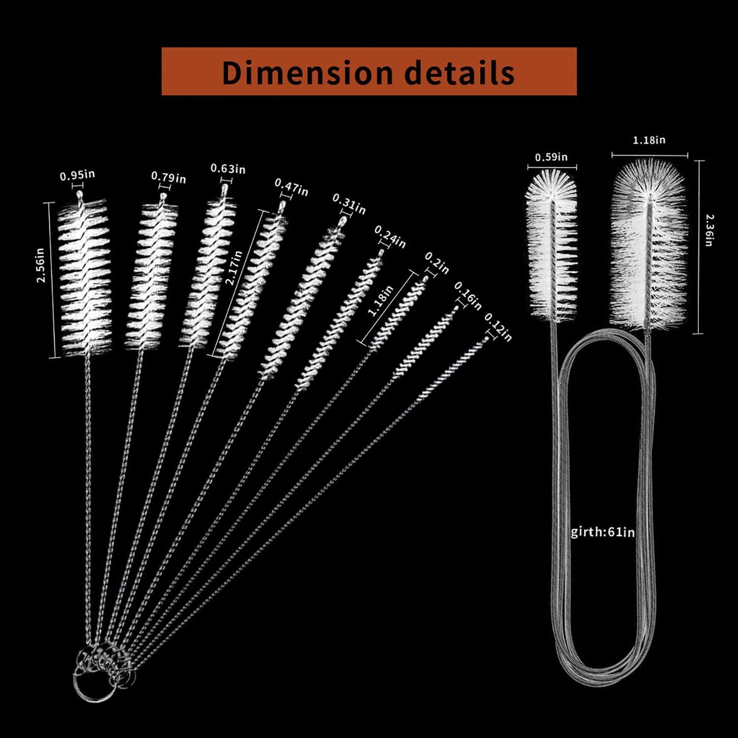 10 Pcs Flexible Drain Brush Straw Cleaner Brush Set,Pipe Cleaners Brush,61Inch Stainless Steel Double-Ended Hose Brush 8.2Inch Nylon Long CPAP Tube Cleaning Brush for Home Kitchen Sink Plumbing(White)