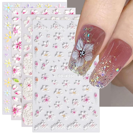 JMEOWIO 3D Embossed Flower Nail Art Stickers Decals Self-Adhesive Pegatinas Uñas 5D Summer Spring Floral Nail Supplies Nail Art Design Decoration Accessories 4 Sheets | alldaygood beauty