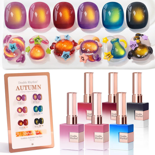 Double Rhythm Cat Eye Gel Nail Polish Set of 6 Same Color Same Bottle 0.5 Oz Shimmer Glitter with Magnet Holographic Reflective Magnetic UV Nail Polish Kit at Home (Golden Autumn Brown-T6-57) | alldaygood beauty