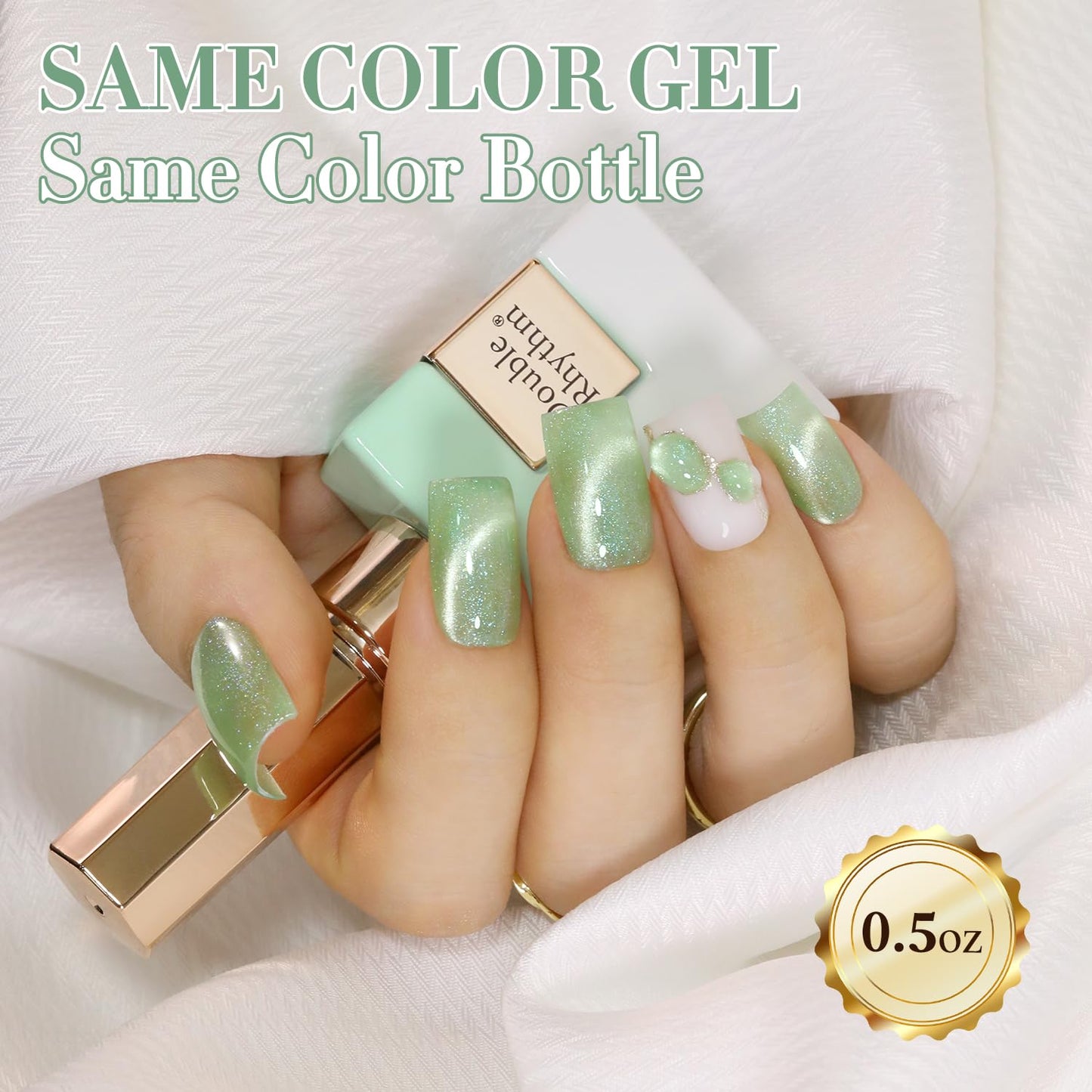 Double Rhythm 0.5 Oz Cat Eye Gel Polish with Magnet Same Color Same Bottle Holographic Glitter Shimmer Translucent Color Salon 15 ML Magnetic Nail Art (Spring Green-MC1163)