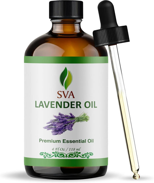 SVA Lavender Essential Oil – 4 Fl Oz – 100% Natural Lavender Oil - for Diffuser, Hair Care, Face, Skin Care, Aromatherapy, Scalp and Body Massage, Soap and Candle Making – with Dropper