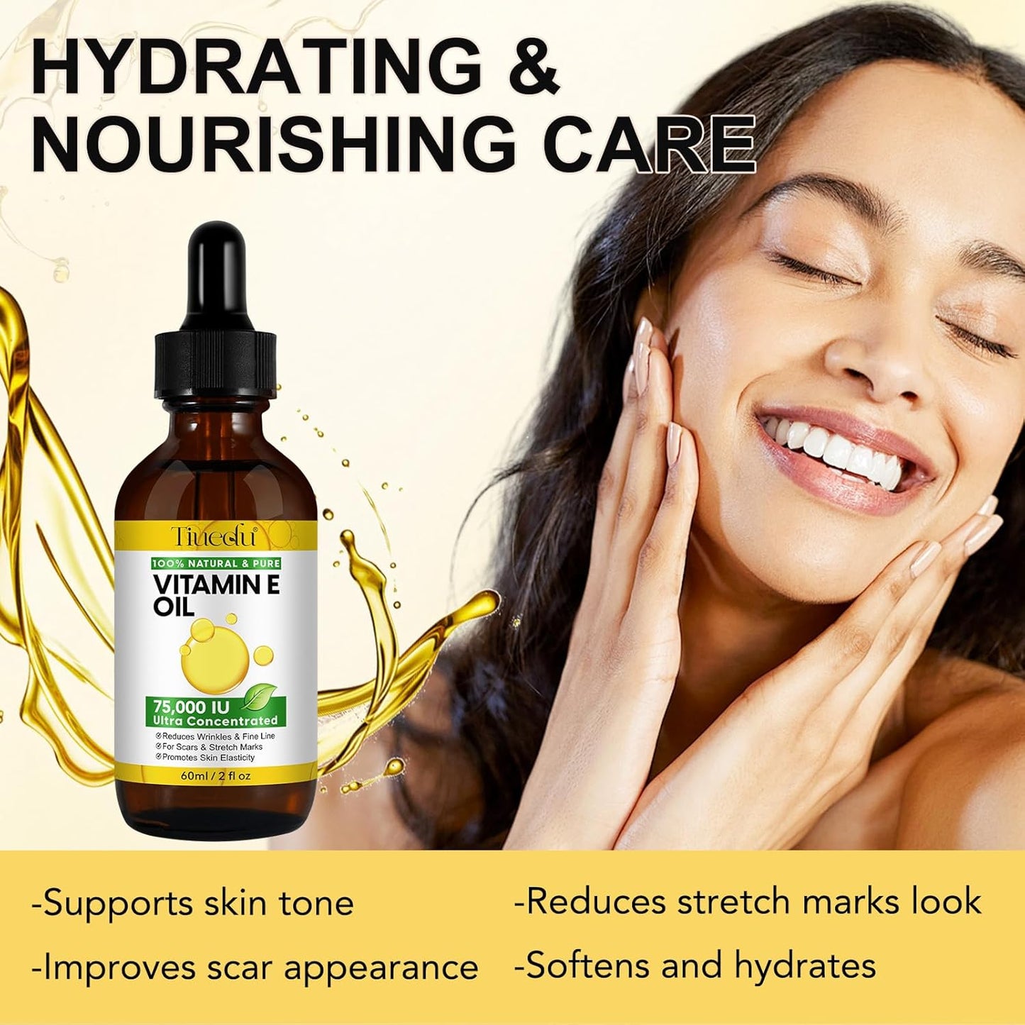 Tiuedu Natural Vitamin E Oil for Skin, 75,000 IU Ultra Concentrated Vitamin E Oil for Face, Hair and Scars, Moisturizing Dry Skin Oils, Promotes Skin Elasticity, 2Fl Oz