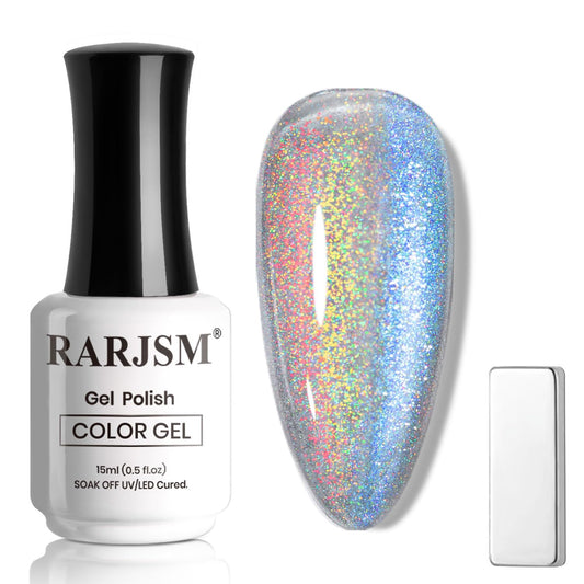 RARJSM Holographic Rainbow Aurora Cat Eye Gel Nail Polish Blue Purple Laser Iridescent Glitter Sparkle Cat Eye Gel Polish with Magnet Stick Soak off UV LED Curing Requires Home Salon Diy Nail Art | alldaygood beauty