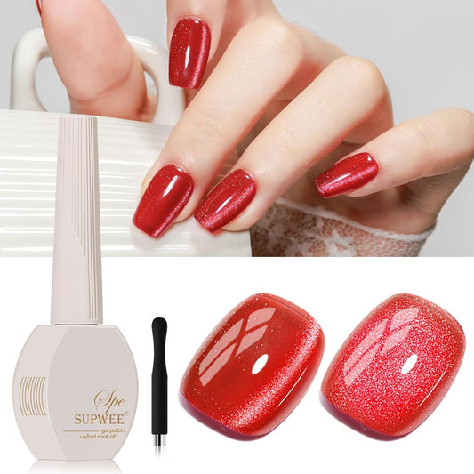 Red Cat Eye Gel Nail Polish, 15ML Magnetic Crystal Holographic Cateye Gel Polish Glitter Shimmer Reflective Nail Polish with Magnet Soak Off Salon DIY at Home | alldaygood beauty
