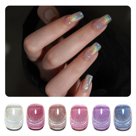 GAOY Rainbow Glitter Cat Eye Gel Nail Polish Set, 6 Holographic Sparkle Colors for Nail Art DIY Manicure and Pedicure at Home | alldaygood beauty