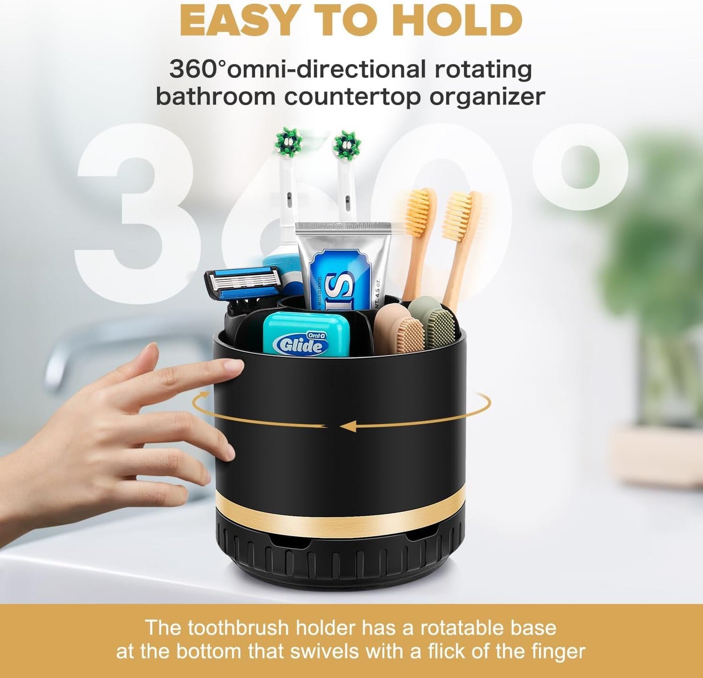Bathroom Organizer Countertop - Rotating Black Toothbrush Holder for Bathroom Accessories Organization Detachable 6 Slots Bathroom Sink Storage Caddy Vanity Organizer