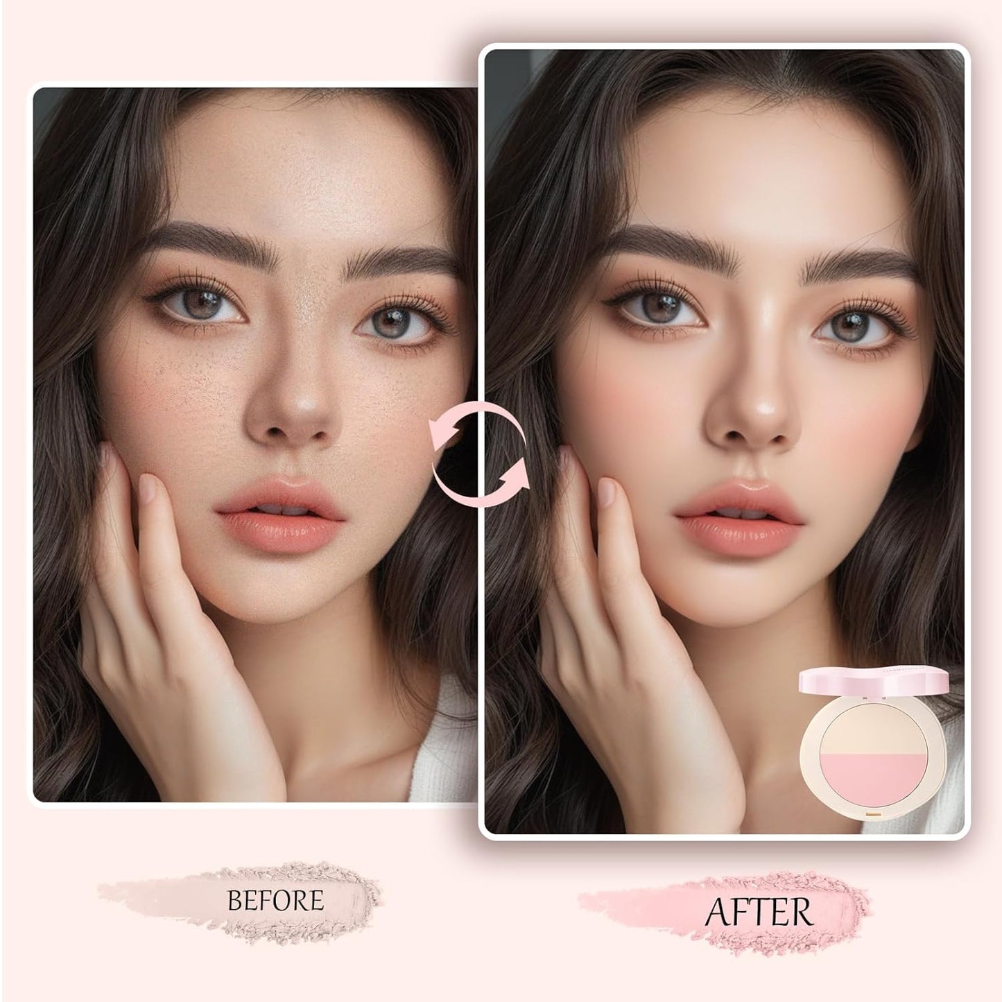 Pink Setting Powder, 3 in 1 Blush Palette with Puff, Highlighter Palette, Fine Texture Blush Pressed Powder, Setting Powder Makeup, Korea Makeup - Pink