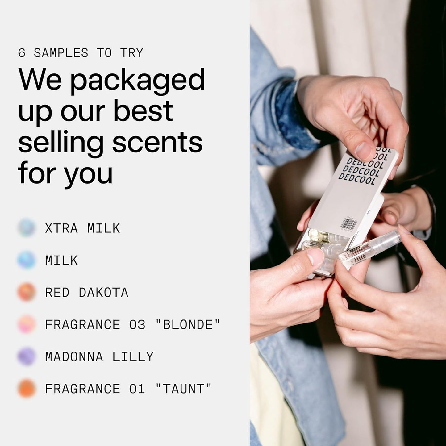 DedCool Sample Tin Luxury Fragrance Discovery Set | 6 Genderless Scents – Xtra Milk, Milk, Red Dakota, 01 Taunt, Madonna Lilly, 03 Blonde | Long Lasting, Vegan, Non-Toxic | Travel Size (Variety Pack)