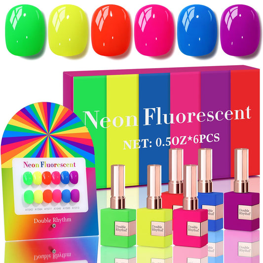 Double Rhythm 6 Pcs 15 ML Gel Polish Set Same Color Same Bottle Soak Off Gel Polish Kit Nail Art Manicure Salon DIY at Home for Women (Neon Green Red Pink Blue Purple-T6-12) | alldaygood beauty
