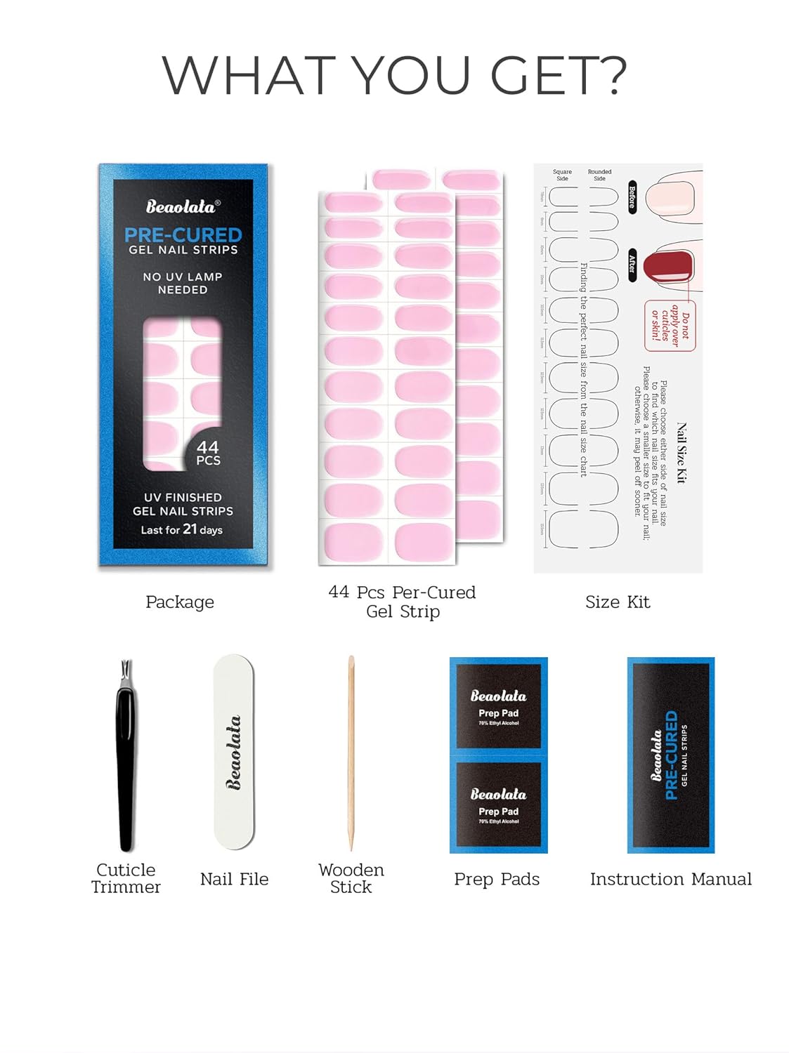 Pre Cured Gel Nail Strips - 44PCS Salon Quality Gel Nail Stickers - Long Lasting Polish Wraps for Women no UV Light Needed Easy Apply& Remove (Pure Pink)