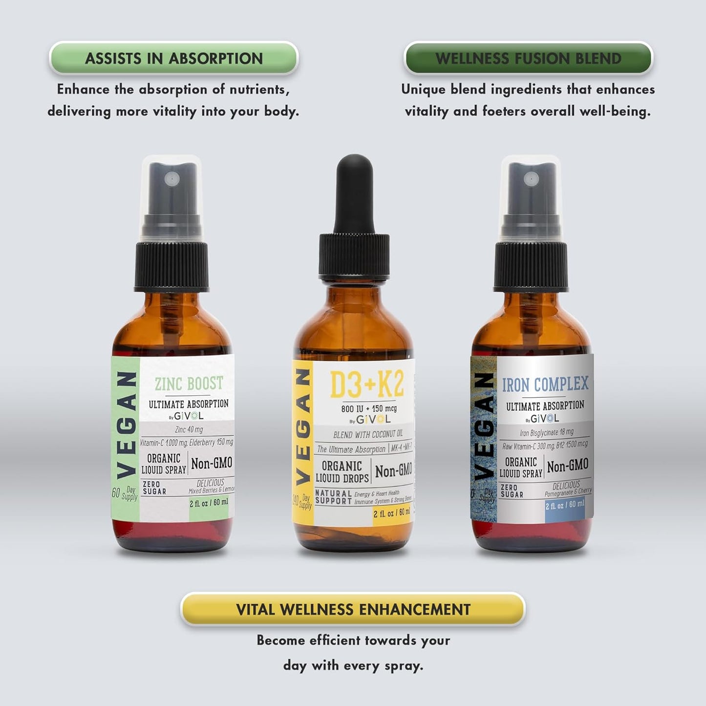 Bone Support Bundle Liquid Spray - Iron Bisglycinate Complex, Zinc Picolinate, Vitamin D3 & K2 - Complete Multivitamin - Plant- Based, Non-GMO, Gluten Free, Sugar Free 2 Fl Oz (360 Days Supply)