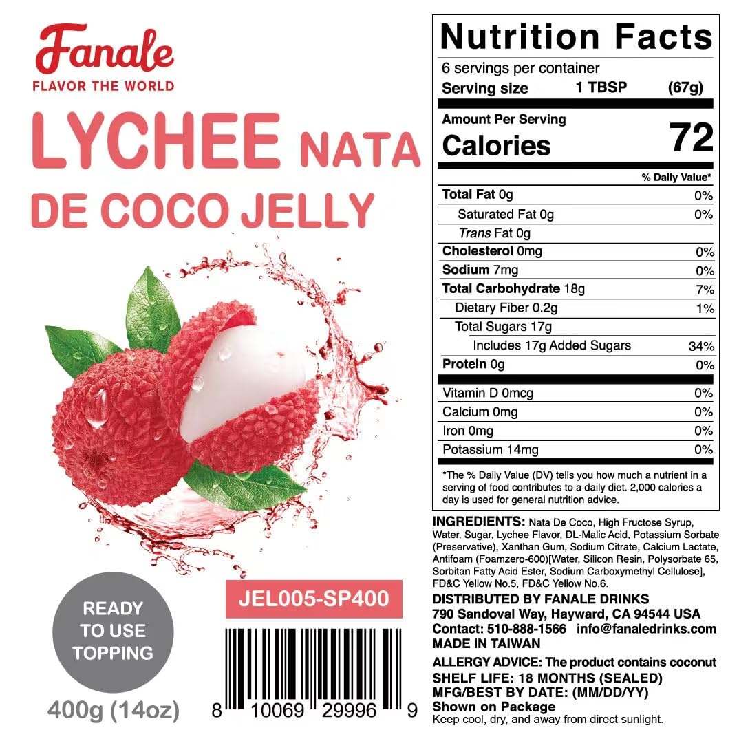 Fanale Coconut Jelly Topping nata de coco for Bubble Tea 400 g | Lychee Jelly | for Boba Tea, Smoothies, Slushes, Desserts 400g