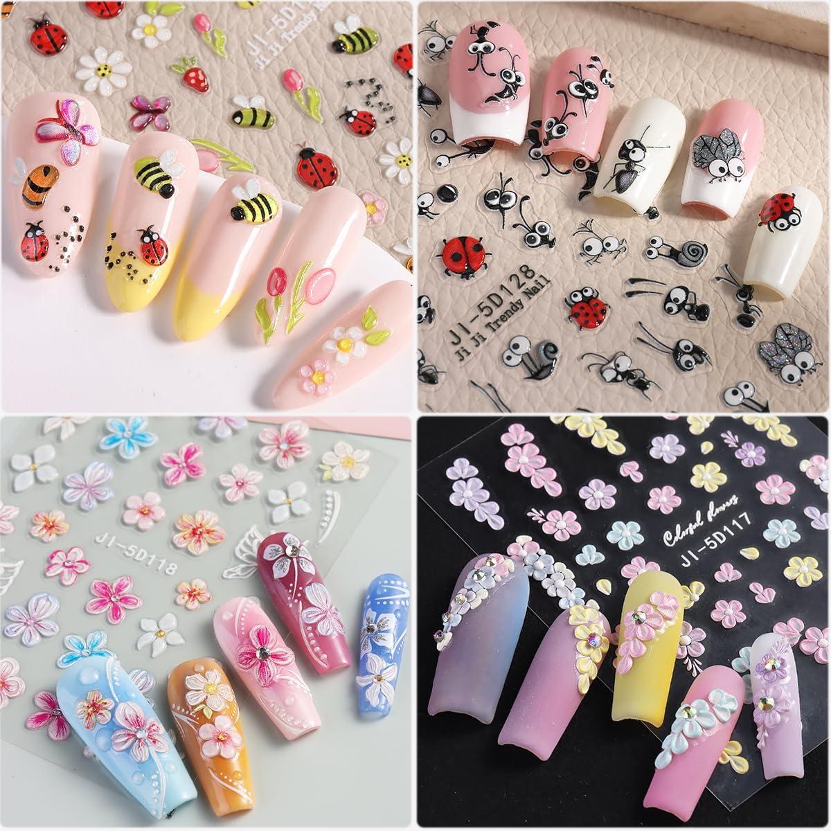 Ladybugs Nail Stickers Bees Ants Snails Daisy 5D Embossed Flowers Nail Stickers Cute Cartoon Insects Animals Nail Decals Ladybird Stickers for Nail Art Butterfly Nail Charms Nail Decoration
