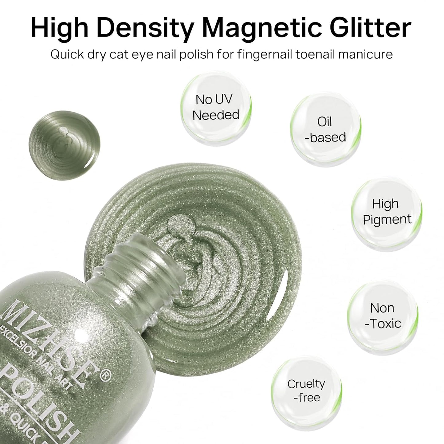 MIZHSE Quick Dry Cat Eye Nail Polish, Green Magnetic Nail Polish with Magnet, Air Drying Fast 15ml Cateye Nail Lacquer for Women Girls Non-Gel Nail Art Manicure DIY Home