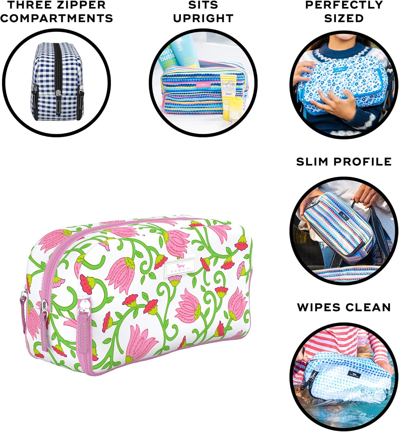 SCOUT 3-Way Toiletry Bag - Travel Makeup Pouch for Women with Three Zipper Compartments - Stands Upright, Wipes Clean