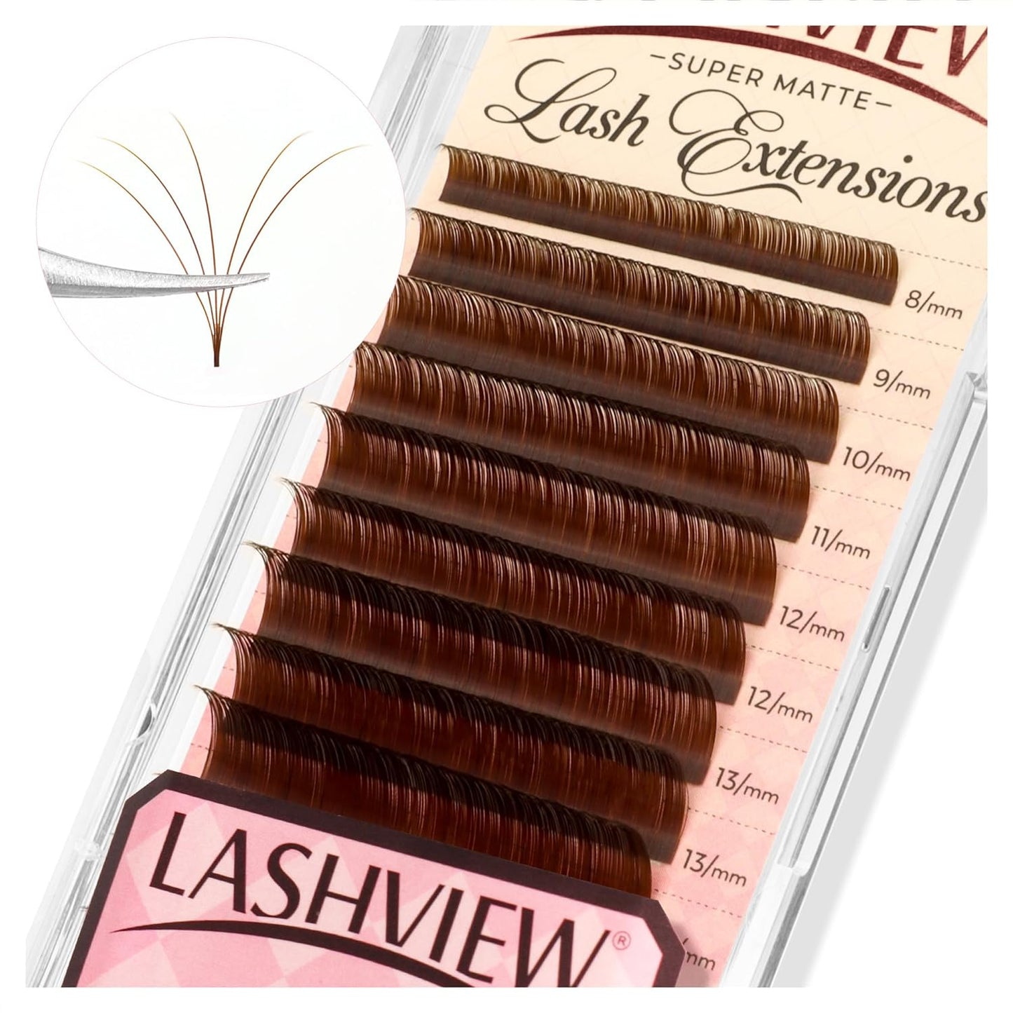 LASHVIEW Coffee Brown Volume Lash Extensions 0.03-0.20 J/B/L/C/CC/D Curl 8-16mm Mixed & Single Length Tray, Soft Matte Dark Professional Eyelashes Extension(0.07 D 8-16mm)