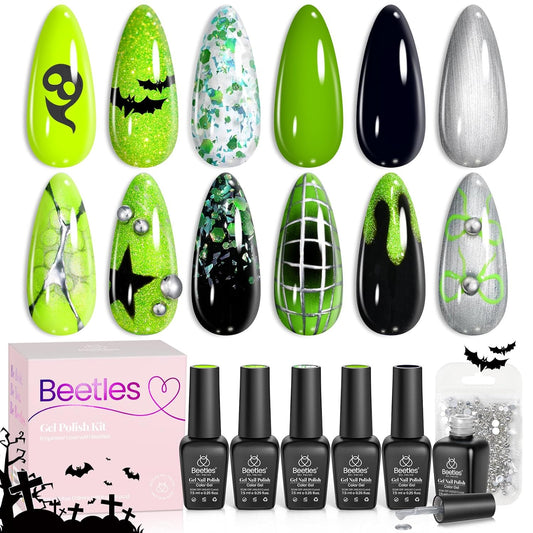 Beetles Neon Green Gel Nail Polish Set, Halloween Black Glitter Silver Brat Tribe Gel Polish with Rhinestones for DIY Nail Art Festival Manicure Gift for Women | alldaygood beauty