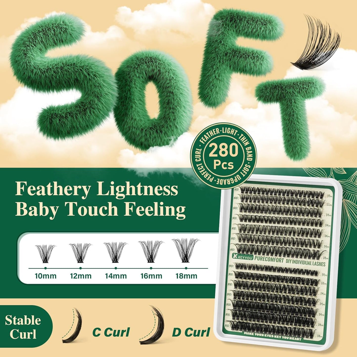KEYYOU DIY Lash Extension Kit 280pcs Soft Lash Clusters 60D+80D C Curl Easy to use with Lash Bond and Seal Lash Applicator Lash Remover Eyelash Extension Kit at Home(RMkit-60D80D-C-10-18mix)