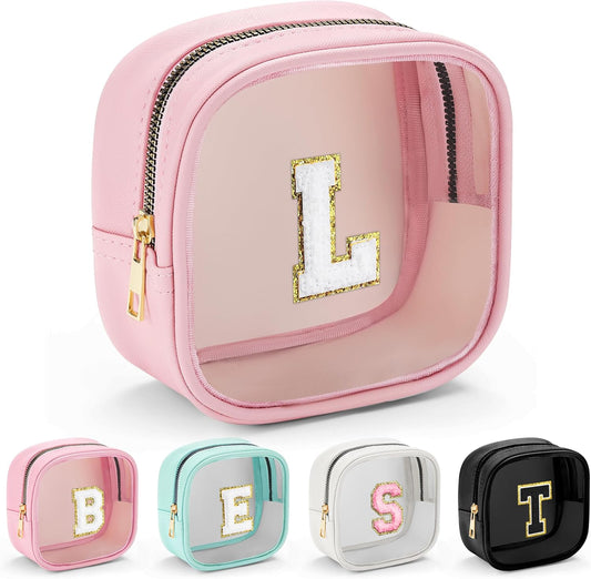 YOOLIFE Mini Initial Makeup Bag | Travel Toiletry Bag | Clear Makeup Bag | Travel Essentials Gifts for Women Teen Girlfriend Teacher Birthday Gifts | Clear Toiletry Bag Small Mini Cosmetic Bag Pink L