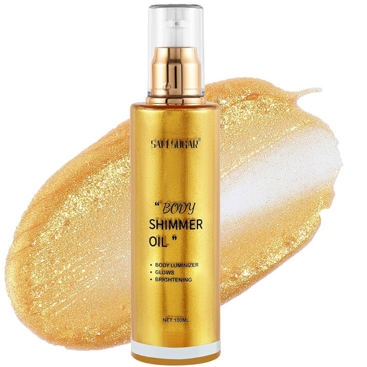 Shimmer Body Oil, Long Lasting Moisturizing Body Glow Glitter for Women Face Luminizer Highlighter Makeup 100ml Shimmer Oil for Glowing Skin Lotion (Gold) | alldaygood beauty