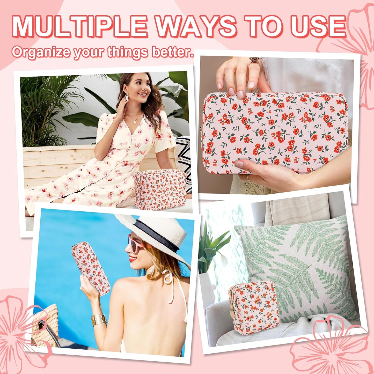 Waterproof Small Floral Pencil Case Makeup Bag for Purse,Cute Flower Pencil Pouch Preppy Nylon Makeup Brush Holder with Zipper,Girls Portable Storage Case Small Pen Bag for Work(Slim Pink-Flowers)