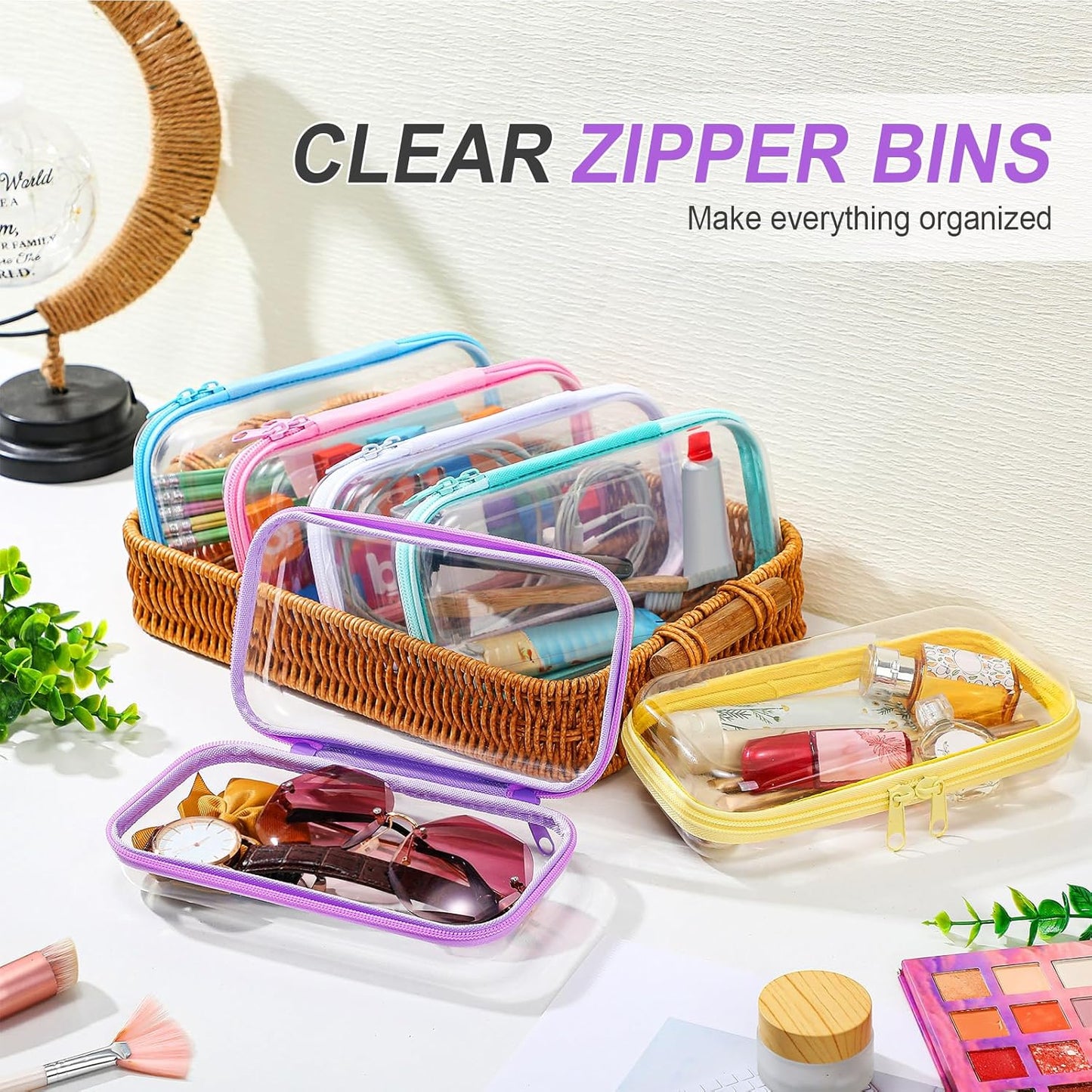 Sanwuta 6 Pcs Clear Hard Zipper Case Pencil Pouches Hard Plastic Zipper Pouches Makeup Bag Transparent Cases for Snacks Plastic Storage Organizer Box for Travel(Colorful,7.48 x 3.94 x 2 Inch)