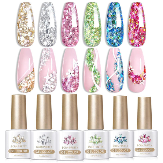 Born Pretty Glitter Gel Nail Polish with Sequins, 6 Pcs Gold Silver Purple Green Blue Hot Pink Long Lasting Sparkly Shiny U V Gel Polish Set for Manicure and Nail Art, DIY at Home, Salon-Quality 7ml | alldaygood beauty