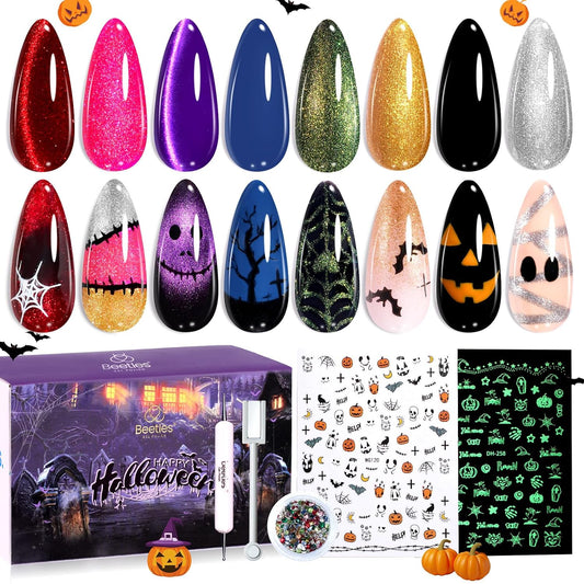 Beetles Halloween Gel Nail Polish Set – Wicked Mystic 8 Colors Gel Polish Kit, Gold Silver Black Green Blue Cat Eye Purple Red Glitter with Nail Art Accessories UV LED Soak Off Manicure Gift for Women | alldaygood beauty