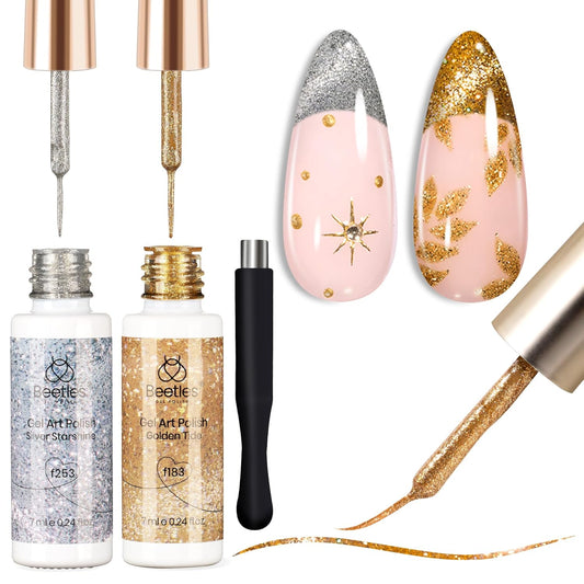 Beetles Nail Art Polish- 2 Colors Cat Eye Liner Gel Polish Gold Sliver Glitter Gel Nail polish Soak Off UV Built Thin Nail Brush in Bottle Gifts for Women | alldaygood beauty