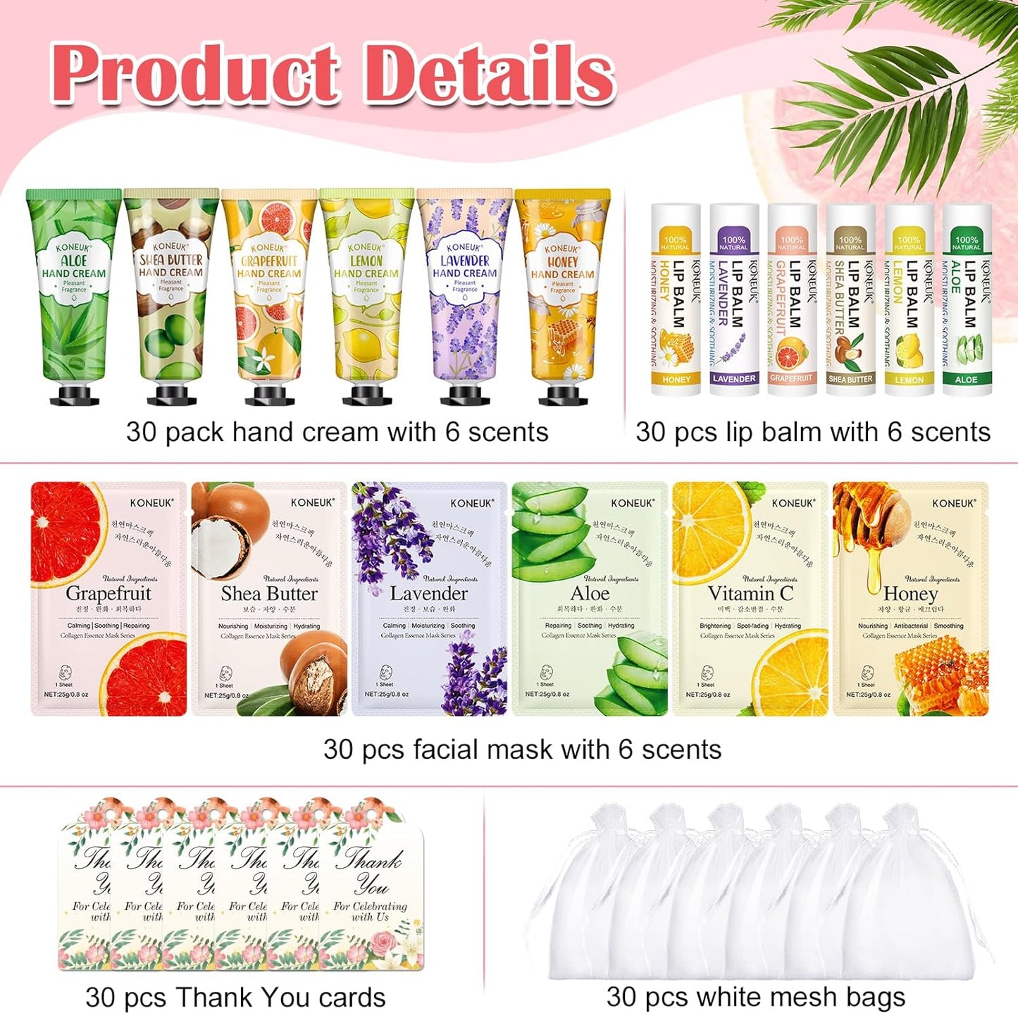 30 Pack Bulk Facial Mask, Bulk Hand Cream and Bulk Lip Balm Sets, Bridesmaid Gifts, Thank You Gifts, Bridal Shower Favors and Baby Shower Party Favors for Guests, Birthday Gifts, Small Gifts for Women