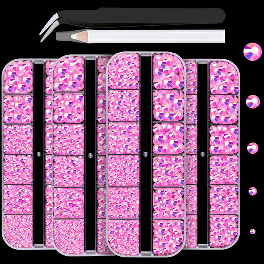 7000PCS Resin Rhinestones with Tweezers for Crafting, 2/3/4/5/6mm Flatback Jelly Rhinestones, 4 Box Pink AB Non Hotfix Crystal Gems for DIY Crafts Mugs Tumblers Clothes Makeup Nail