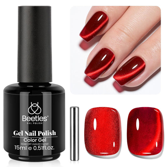 beetles Gel Polish Ruby Red Cat Eye Gel Nail Polish - 15ML Red Glitter Gel Polish Fall Nail Gel Magnetic Shimmer Effect Soak Off UV French Nail Art Design Salon DIY Manicure Gifts for Wome | alldaygood beauty