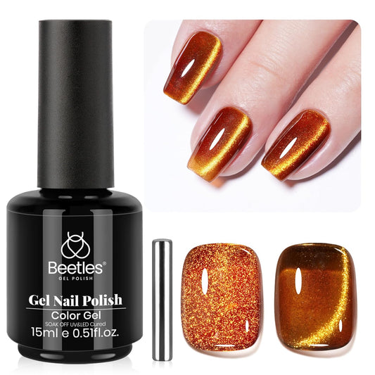 Beetles Brown Cat Eye Gel Nail Polish - Amber Glint Cat Eye Gel Polish, 15ML Fall Brown Gold Powder Magnetic Glitter Gel Polish Soak Off UV French Nail Art Salon DIY Manicure Gift for Women | alldaygood beauty