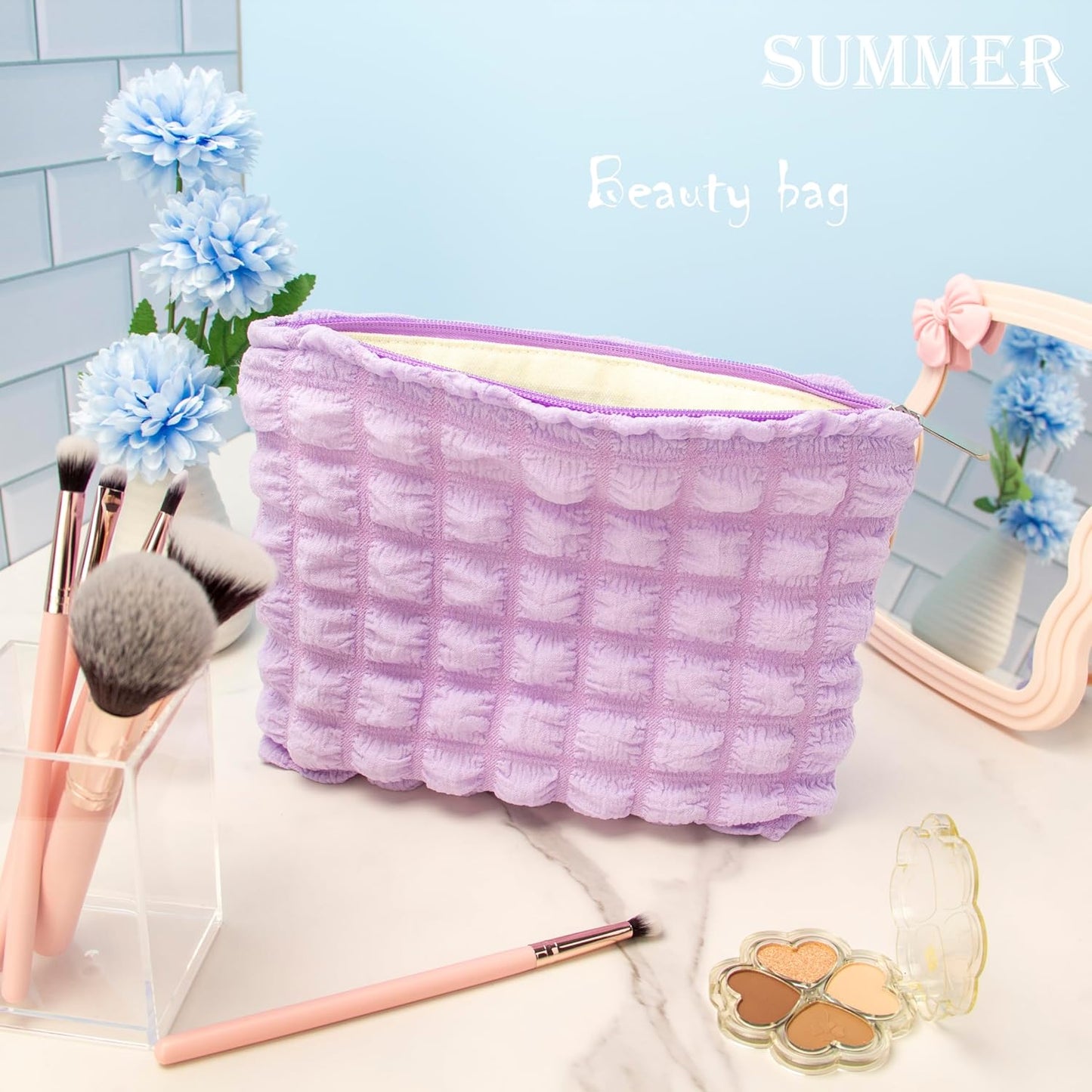 PAZIMIIK Floral Makeup Bag Large Cotton Zipper Pouch for Purse Travel Canvas Make Up Organizer for Women Cosmetic,Bubble Purple