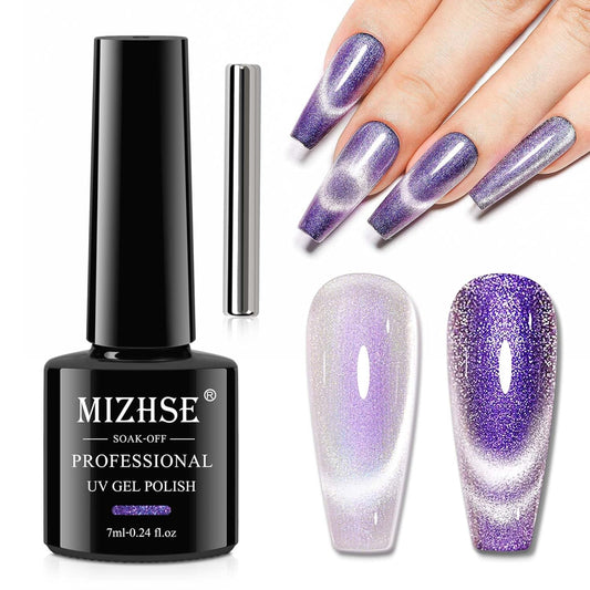 MIZHSE Cat Eye Gel Nail Polish, Aurora Purple Magnetic Gel Polish with Magnet Stick, Shiny Glitter Cateye Nail Gel Soak Off Nail Art Manicure Home | alldaygood beauty