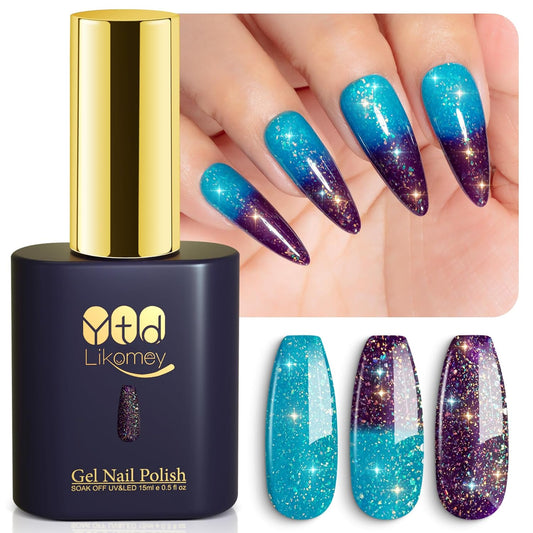 YTD Likomey Color Changing Gel Nail Polish,15ml Turquoise Blue to Deep Purple Brocade Glitter Mood Temperature Change Colors Fall Winter Thermal Ombre Sparkle UV Varnish,HEMA Free TPO Free,WB505 | alldaygood beauty