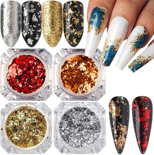Holographic Glitter Nail Foil Flakes 3D Sparkly Aluminum Foil Sequins Nail Art Supplies Rose Gold Red Silver Glitter Foils Flake Mirror Powder Nail Designs for Acrylic Nail Art Decoration (4Boxes)