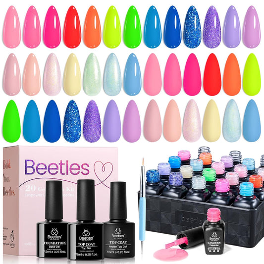 Beetles Summer Gel Nail Polish Set - 20 Color Neon Bright Colors Red Hot Pink Glitter Gel Polish Kit with Base Top Coat Soak Off Uv Led Nail Gifts for Women | alldaygood beauty