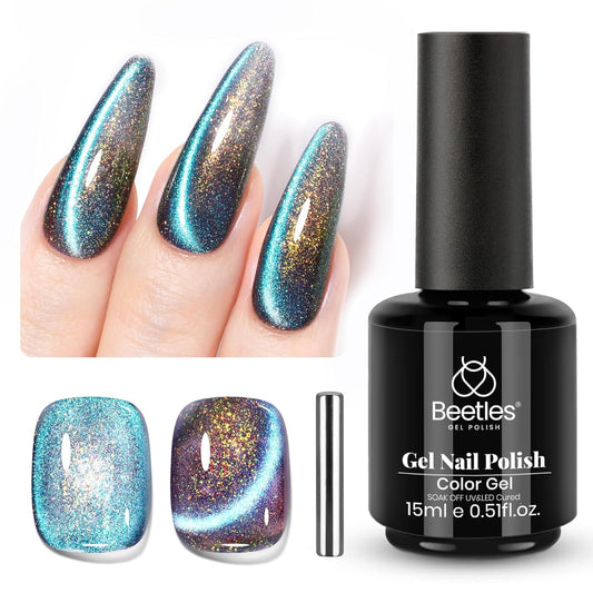 Beetles Cat Eye Gel Polish, 15ML Blue Purple Cat Eye 9D Holographic Glitter Magnetic Gel Nail Polish Rainbow Color Soak Off UV Mermaid Tears Series French Nail Art Manicure Gift for Women | alldaygood beauty