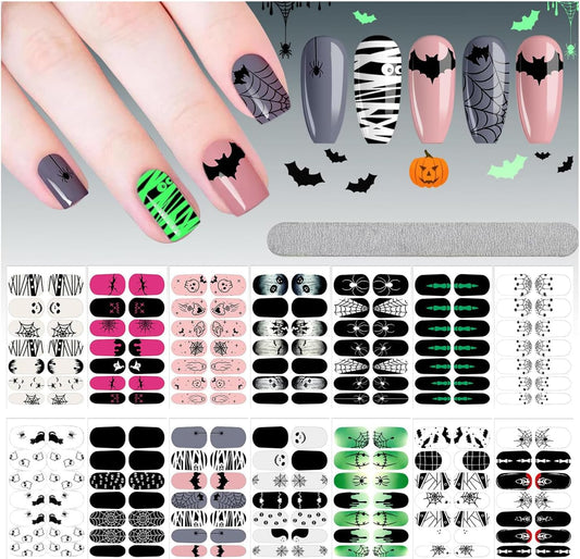 EBANKU 14 Sheets Halloween Full Wrap Adhesive Nail Polish Stickers Glow in The Dark, Cute Ghost Bats Spider Webs Skeleton Nail Strips Wraps with Nail File for Party Decor | alldaygood beauty