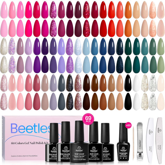 Beetles Gel Nail Polish Set - Transcendent Allure 60 Colors Fall Gel Polish Kit Orange Burgundy Red Glitter Hot Pink Blue White Black with Base Top Coat Gifts for Women | alldaygood beauty